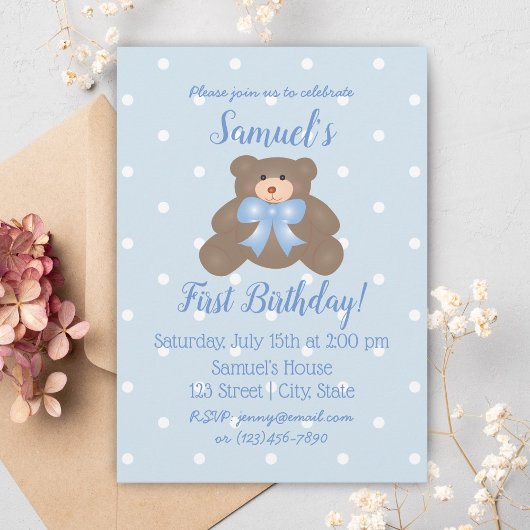 Invitation Cute Blue Ribbon Baby Teddy Bear Premier anniversa