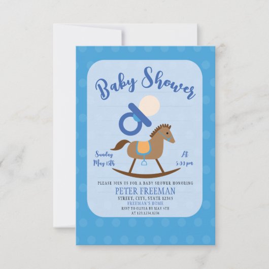 Invitation Cute Blue Rocking Horse Pacifier Baby shower garço (Devant)