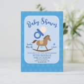 Invitation Cute Blue Rocking Horse Pacifier Baby shower garço (Debout devant)