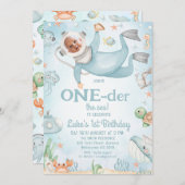 Invitation Cute Blue Scuba Diver Oneder Mer 1er anniversaire (Devant / Derrière)