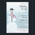 Invitation Cute Blue Snowman Watercolor Fête de vacances<br><div class="desc">Cette invitation de Noël de Noël mignonne et douce est parfaite pour l'événement d'hiver festif. Il comprend un bonhomme de neige couleur pastel glacé peint à la main et habillé d'un chapeau noir, d'un foulard rouge bordeaux, d'un charbon noir pour les yeux, la bouche et le bouton, et d'une carotte...</div>