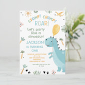 Invitation Cute Blue Stomp Chomp Party Dinosaur 1er anniversa (Debout devant)