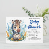 Invitation Cute Blue Surprise Baby shower garçon Zebra (Debout devant)