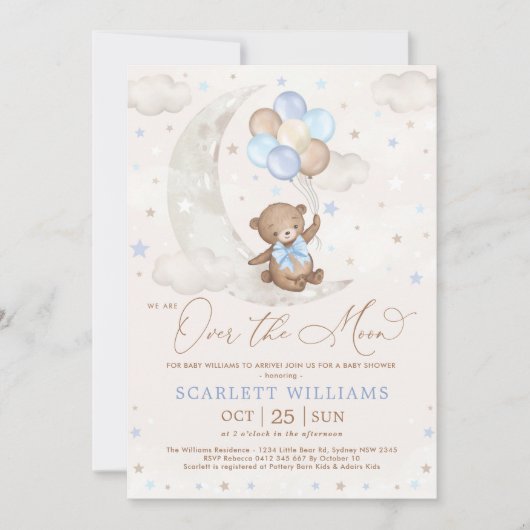 Invitation Cute Blue Teddy Bear Lune Ballons Baby shower garç (Devant)