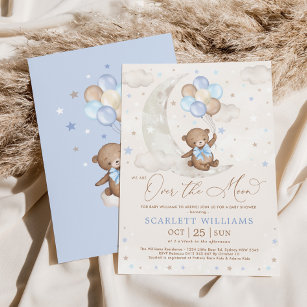 Invitation Cute Blue Teddy Bear Lune Ballons Baby shower garç
