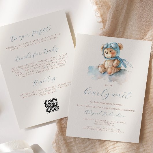 Invitation Cute Blue Teddy Bear QR Code Boy Baby shower