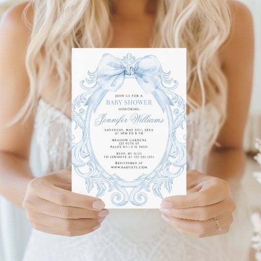 Invitation Cute Blue Toile Frame Bow Baby Boy Shower