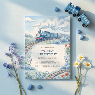 Invitation Cute Blue Train Watercolor Boys Birthday Party