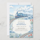 Invitation Cute Blue Train Watercolor Boys Birthday Party (Devant)