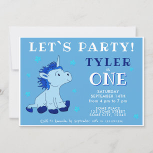 Invitation Cute Blue Unicorn 1er anniversaire
