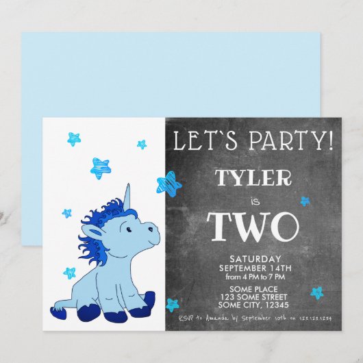 Invitation Cute Blue Unicorn 2e fête d'anniversaire (Devant / Derrière)