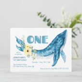 Invitation Cute Blue Whale Jaune Floral 1er Anniversaire (Debout devant)