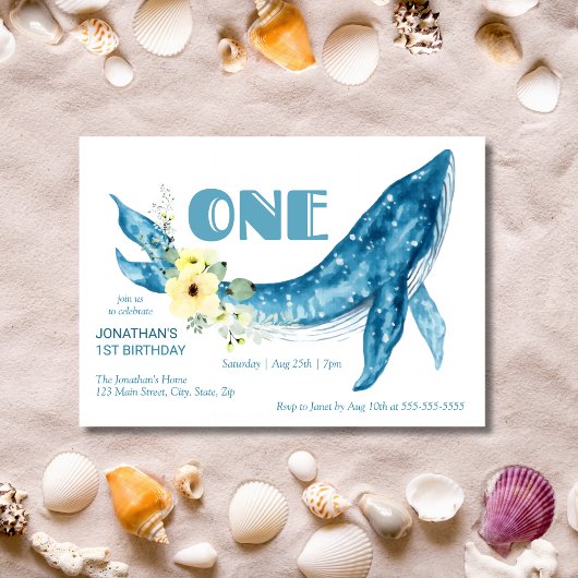Invitation Cute Blue Whale Jaune Floral 1er Anniversaire