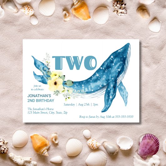 Invitation Cute Blue Whale Jaune Floral 2e fête d'anniversair