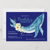 Invitation Cute Blue Whale Jaune Floral Navy fête d'anniversa (Devant)