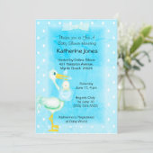 Invitation Cute Blue White Stork Baby Boy Douche (Debout devant)