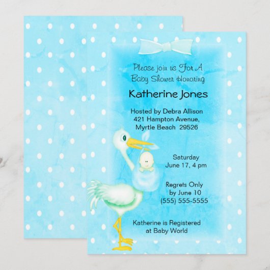 Invitation Cute Blue White Stork Baby Boy Douche (Devant / Derrière)