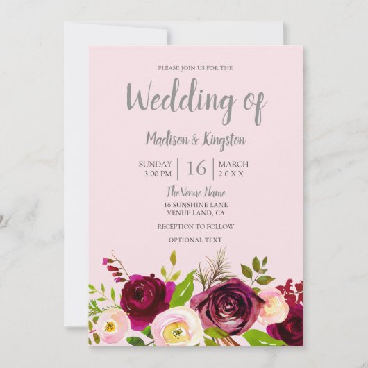 Invitation Cute Blush rose Bourgogne Rouge Floral Mariage (Devant)