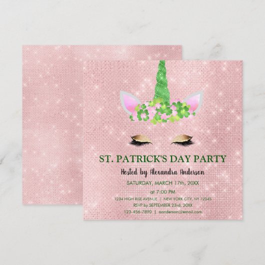 Invitation Cute Blush rose Unicorn St. Patrick's Day Party (Devant / Derrière)