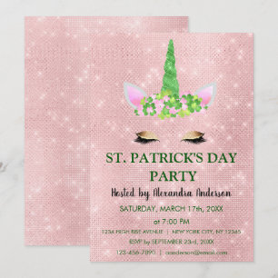 Invitation Cute Blush rose Unicorn St. Patrick's Day Party