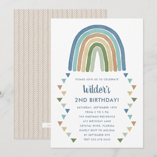 Invitation Cute Boho aquarelle arc-en-ciel Anniversaire bleu (Devant / Derrière)