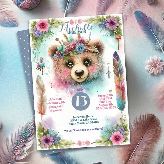 Invitation Cute Boho Aquarelle Woodland Bea fête d'anniversai