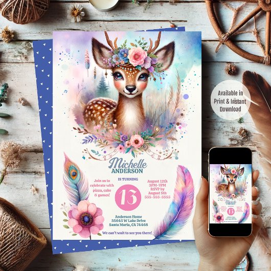 Invitation Cute Boho Aquarelle Woodland Deer Anniversaire