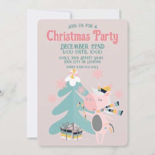 Invitation Cute Boho Christmas Unicorne sur Blush Pink (Devant)