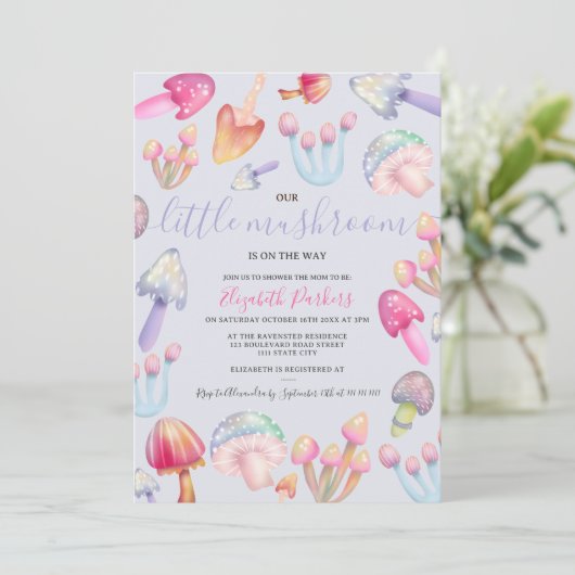 Invitation Cute boho pastel champignons baby shower aquarelle (Debout devant)