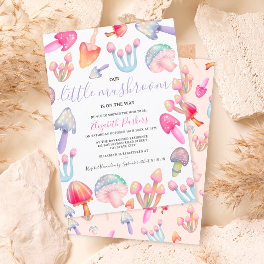 Invitation Cute boho pastel champignons baby shower aquarelle