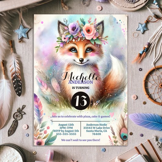 Invitation Cute Boho Watercolor Fête d'anniversaire du renard