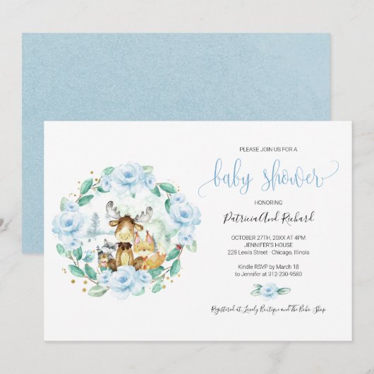Invitation Cute Bois Animaux Floral Baby shower de verdure (Devant / Derrière)