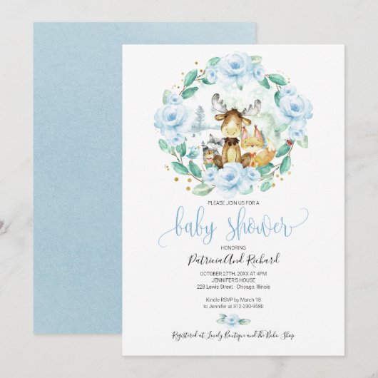 Invitation Cute Bois Animaux Floral Baby shower de verdure (Devant / Derrière)