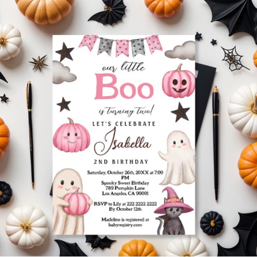 Invitation cute boo party pink ghost – Halloween 2nd birthday