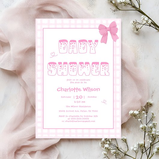 Invitation Cute Bow Pastel En vichy Baby shower rose