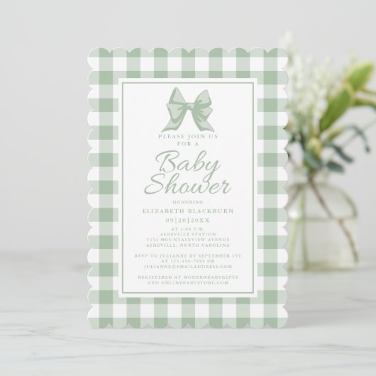 Invitation Cute Bow Pastel Vert Blanc En vichy Check Motif (Debout devant)