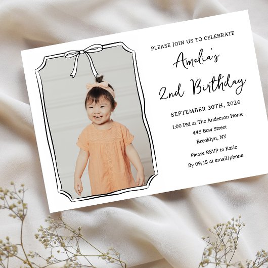 Invitation Cute Bow Simple Photo Noir & Blanc Anniversaire de