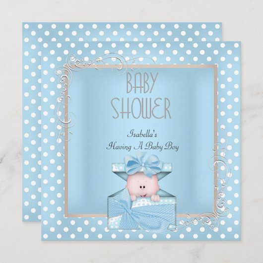 Invitation Cute Boy Baby shower Bleu Blanc Pois (Devant / Derrière)
