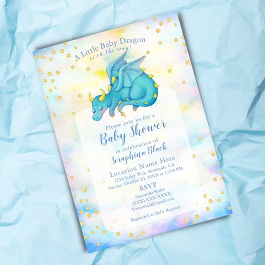 Invitation Cute Boy Baby shower Dragon Bleu Or