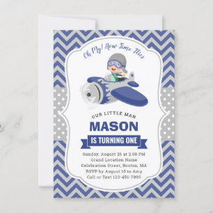 Invitation Cute Boy Blue Grey Avion 1ère fête d'anniversaire