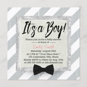 Invitation Cute Boy Bow Cravate gris clair rayures Baby showe