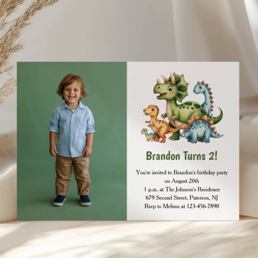 Invitation Cute Boy Dinosaur Photo Kids 2nd Birthday Party