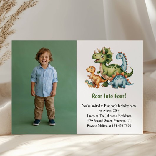 Invitation Cute Boy Dinosaur Photo Kids 4th Birthday Party