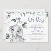 Invitation Cute Boy Elephant Aquarelle Baby shower vert (Devant)
