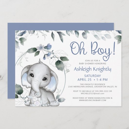 Invitation Cute Boy Elephant Aquarelle Baby shower vert (Devant / Derrière)