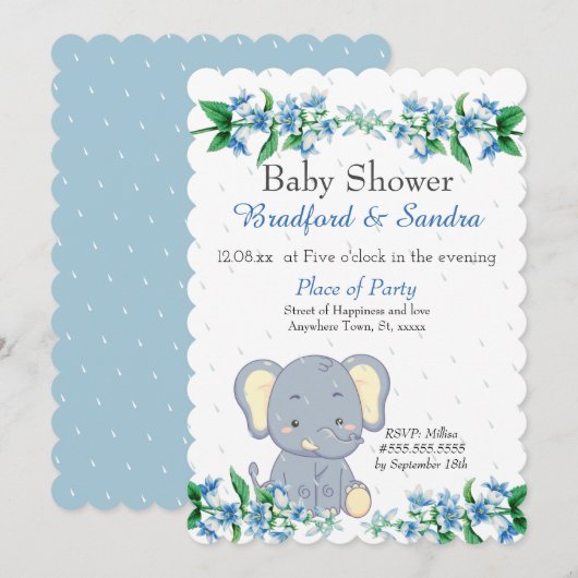 Invitation Cute Boy Elephant Blue Floral Baby shower (Devant / Derrière)