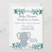 Invitation Cute Boy Elephant Blue Floral Baby shower (Devant)