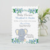 Invitation Cute Boy Elephant Blue Floral Baby shower (Debout devant)
