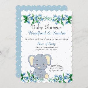 Invitation Cute Boy Elephant Blue Floral Baby shower