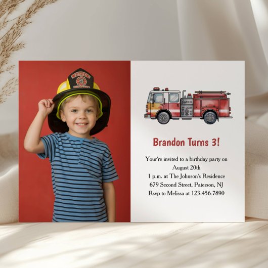 Invitation Cute Boy Firefighter Photo Kids 3rd Birthday Party